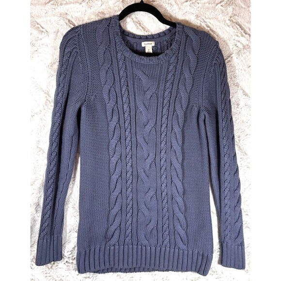 LL Bean Sweater Medium Double Cable Knit Crew Neck Blue Chunky Fishermans Preppy - Picture 1 of 9